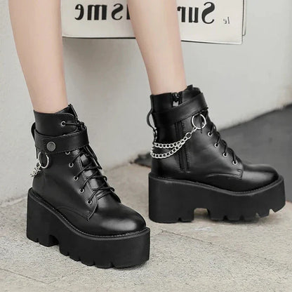 Aichashi New Sexy Chain Women Leather Autumn Boots Block Heel Gothic Black Punk Style Platform Shoes Female Footwear High Quality