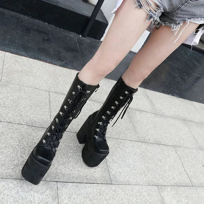 Aichashi Large Size 43 Thick Platform Extreme High Heels Cool Motorcycles Boots Punk Style Shoelaces Knee High Boots Winter