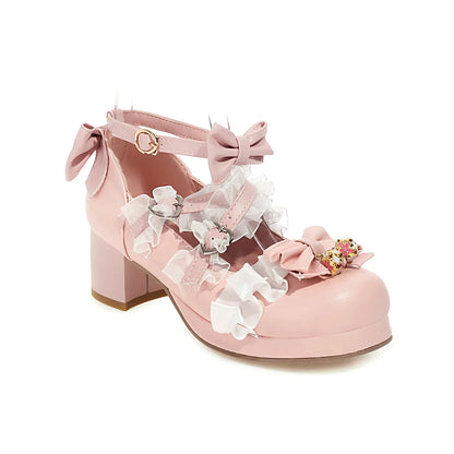 aichashi  -  Lolita Shoes Women High Heels Pendant Lace Straps Bow Cute Girls Princess Tea Party Pumps Students Lovely Plus Size 34-48