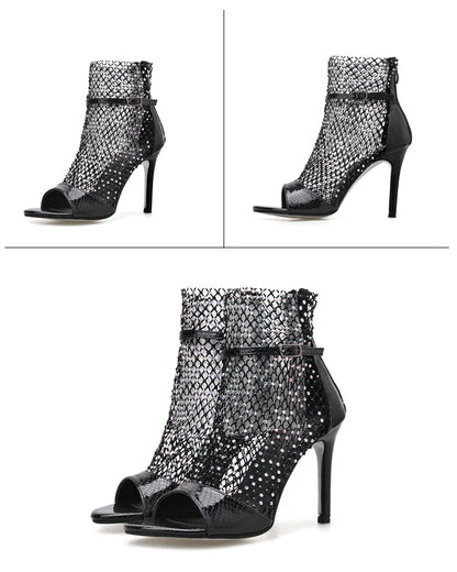 aichashi  -  NEW Fashion DIAMANTE FISHNET HEELS Sandals Ankle Boots High Heels Women Autumn Sexy Chelsea Booties Peep Toe Party Pumps