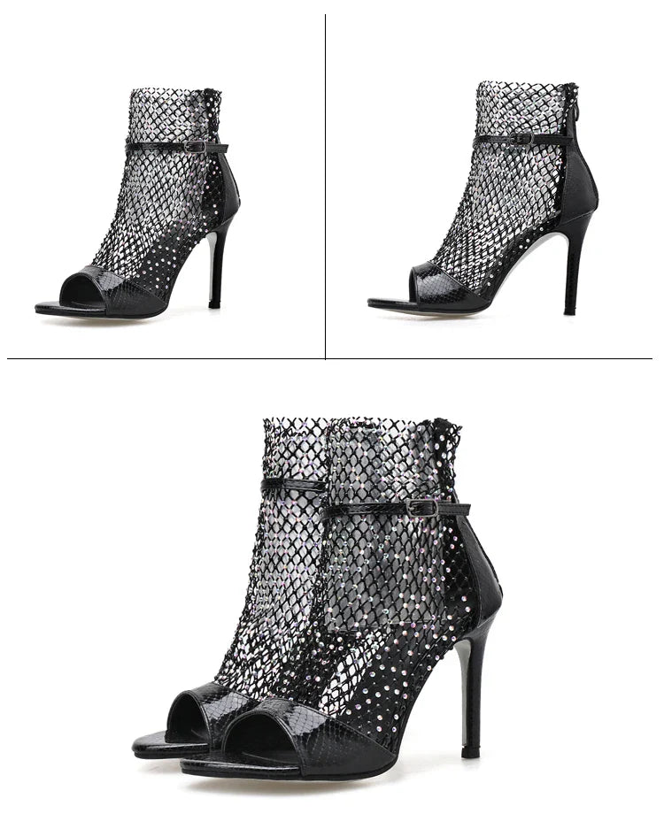 aichashi  -  NEW Fashion DIAMANTE FISHNET HEELS Sandals Ankle Boots High Heels Women Autumn Sexy Chelsea Booties Peep Toe Party Pumps