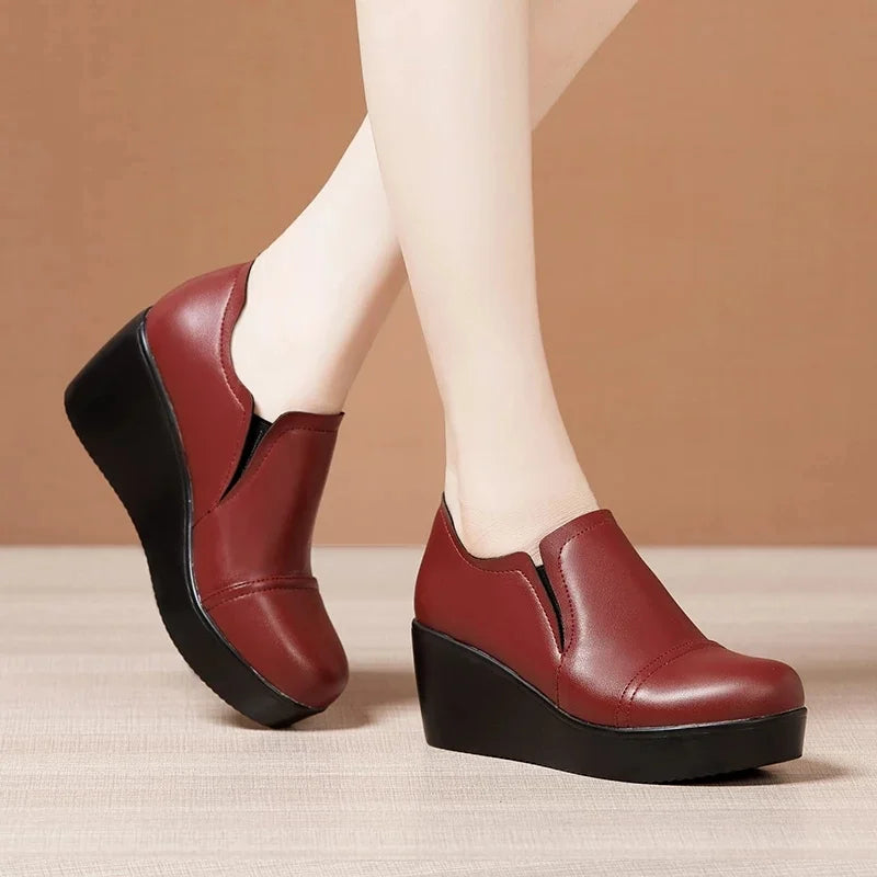 Aichashi High Heel Women Shoes  Women Leather Casual Shoes Breathable Fashion Waterproof Wedges Platform Shoes Women