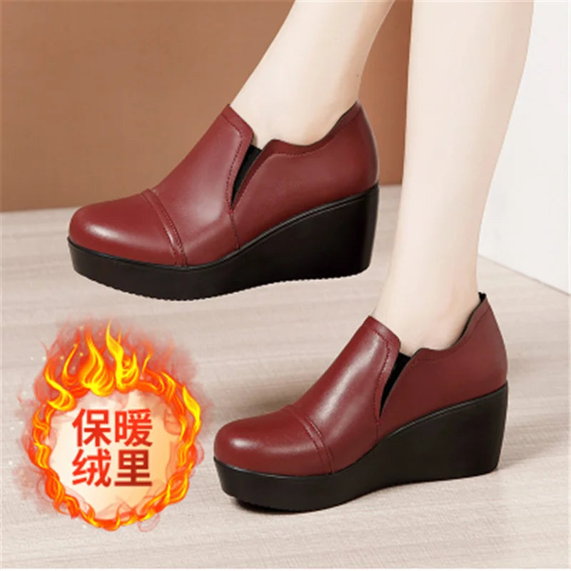 Aichashi High Heel Women Shoes  Women Leather Casual Shoes Breathable Fashion Waterproof Wedges Platform Shoes Women