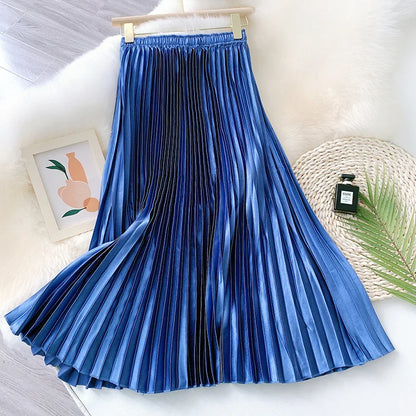 Aichashi High Waist Satin Pleated Skirt Autumn Solid Color Black Pink Blue White Long Skirt for Women