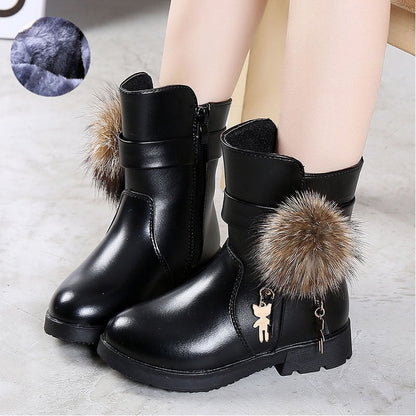 Aichashi New Winter Girls Boots Real Fur Ball PU Leather Kids Snow Boots Warm Plush Sneakers Children Shoes