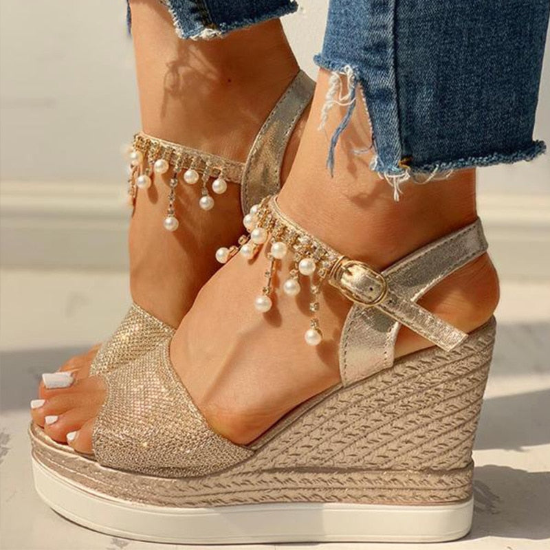 Aichashi New Women Wedge Sandals Summer Bead Studded Detail Platform Sandals Buckle Strap Peep Toe Thick Bottom Casual Shoes Ladie