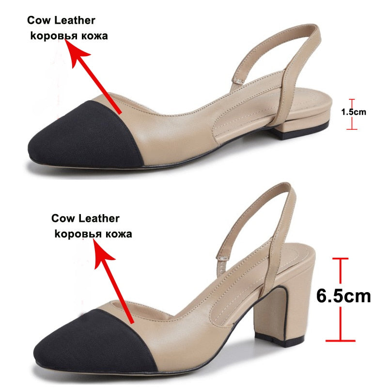 Aichashi Low Heels Real Leather Slingbacks Shoes Women Square Toe Pumps Thick Heel Shoes Brand Design Lady Footwear Size 40