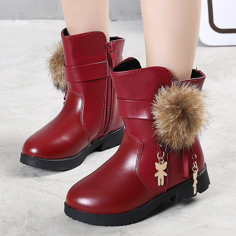 Aichashi New Winter Girls Boots Real Fur Ball PU Leather Kids Snow Boots Warm Plush Sneakers Children Shoes