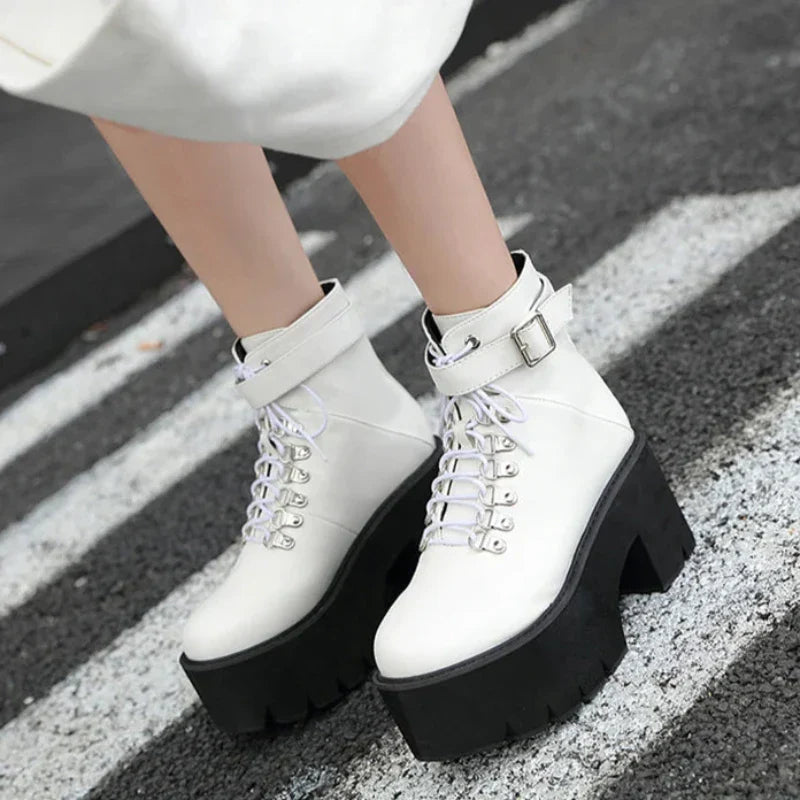 Aichashi New Arrival Womens Autumn Shoes Chunky Block High Heel Platform Lace up Ankle Boots For Women Comfortable Promotion Sale