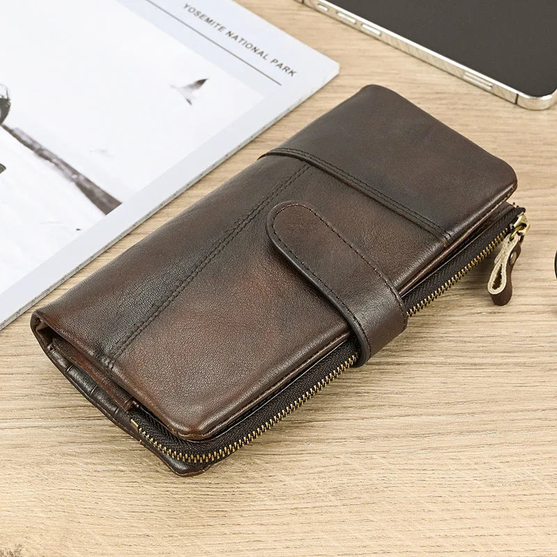 Aichashi Genuine Leather Long Wallet Man Women Credit Card Holder Clutch Purse Hasp Moible Phone RFID Blocking Wallet