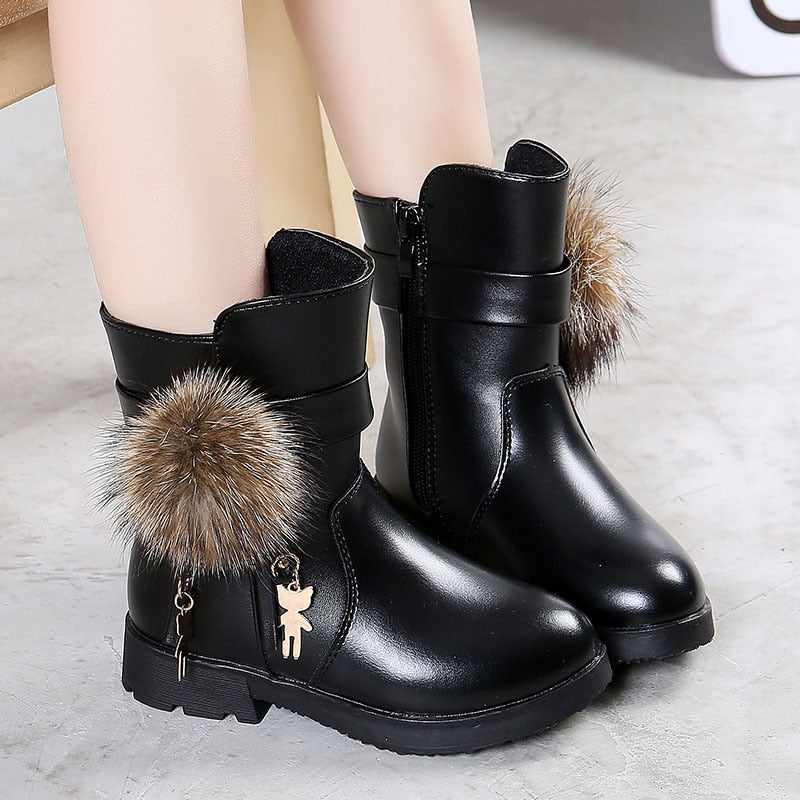 Aichashi New Winter Girls Boots Real Fur Ball PU Leather Kids Snow Boots Warm Plush Sneakers Children Shoes