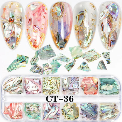 12 Grids/Set Irregular Color-changing Abalone Slice Natural Sea Shell Stone Fragment Nail Art Paillette Decoration DIY Manicure