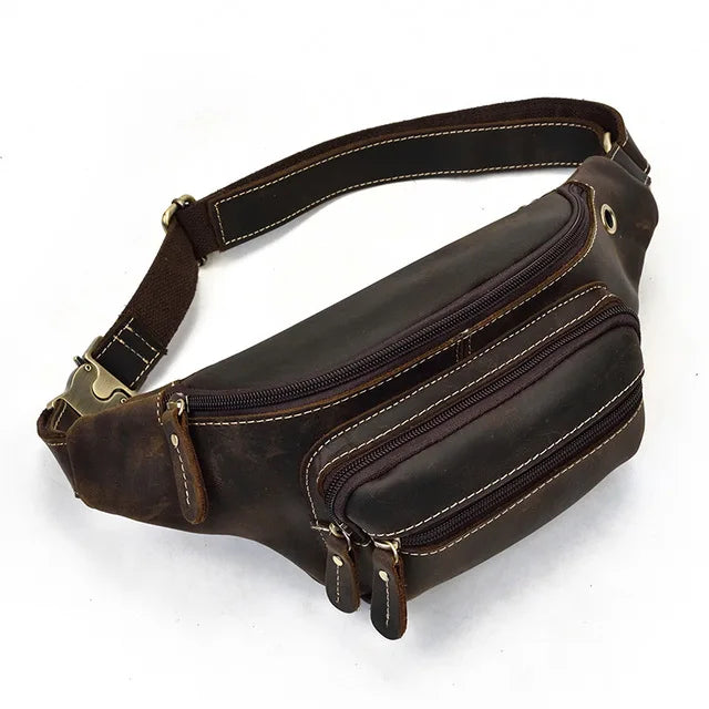 Aichashi Casual Genuine Leather Man Waist Pack Fanny Pack Belt Bag Phone Pouch Sporty Small Crossbody Bag Travel Chest Pack for Biker