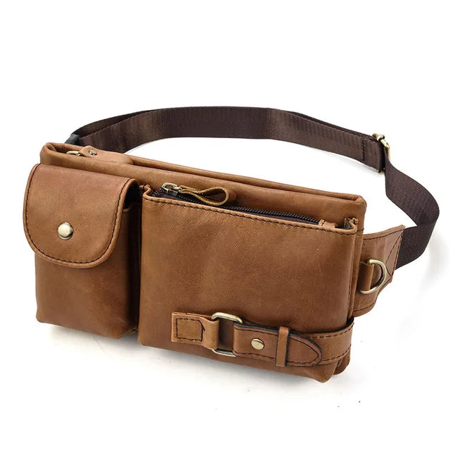 Aichashi Casual Genuine Leather Man Waist Pack Fanny Pack Belt Bag Phone Pouch Sporty Small Crossbody Bag Travel Chest Pack for Biker