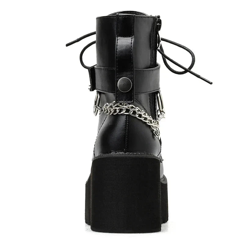 Aichashi New Sexy Chain Women Leather Autumn Boots Block Heel Gothic Black Punk Style Platform Shoes Female Footwear High Quality