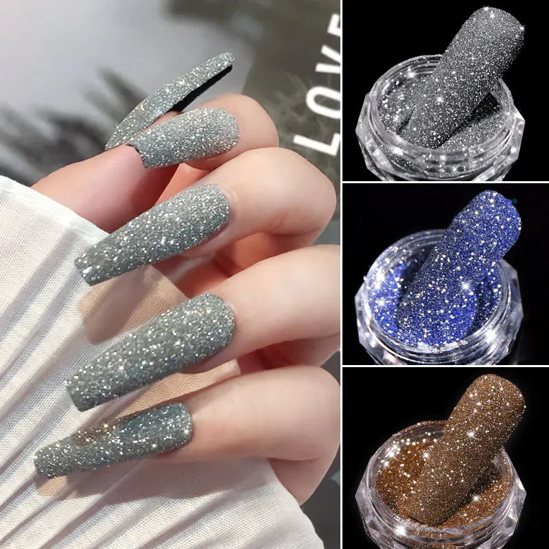 1Box Sparkling Diamond Nail Powder Laser Silver Reflective Nail Glitter Dust Fine Shiny Pigment Holographic Nail Art Decorations