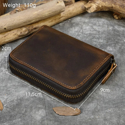 Aichashi Men Crazy horse Genuine Leather Coin Wallet Real Leather Snap Short Purse Women Coin Pocket Zip Around Small Trifold Pocket