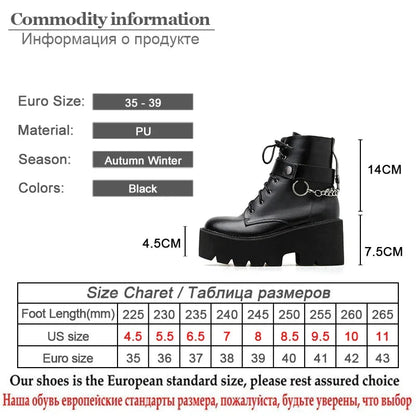 Aichashi New Sexy Chain Women Leather Autumn Boots Block Heel Gothic Black Punk Style Platform Shoes Female Footwear High Quality