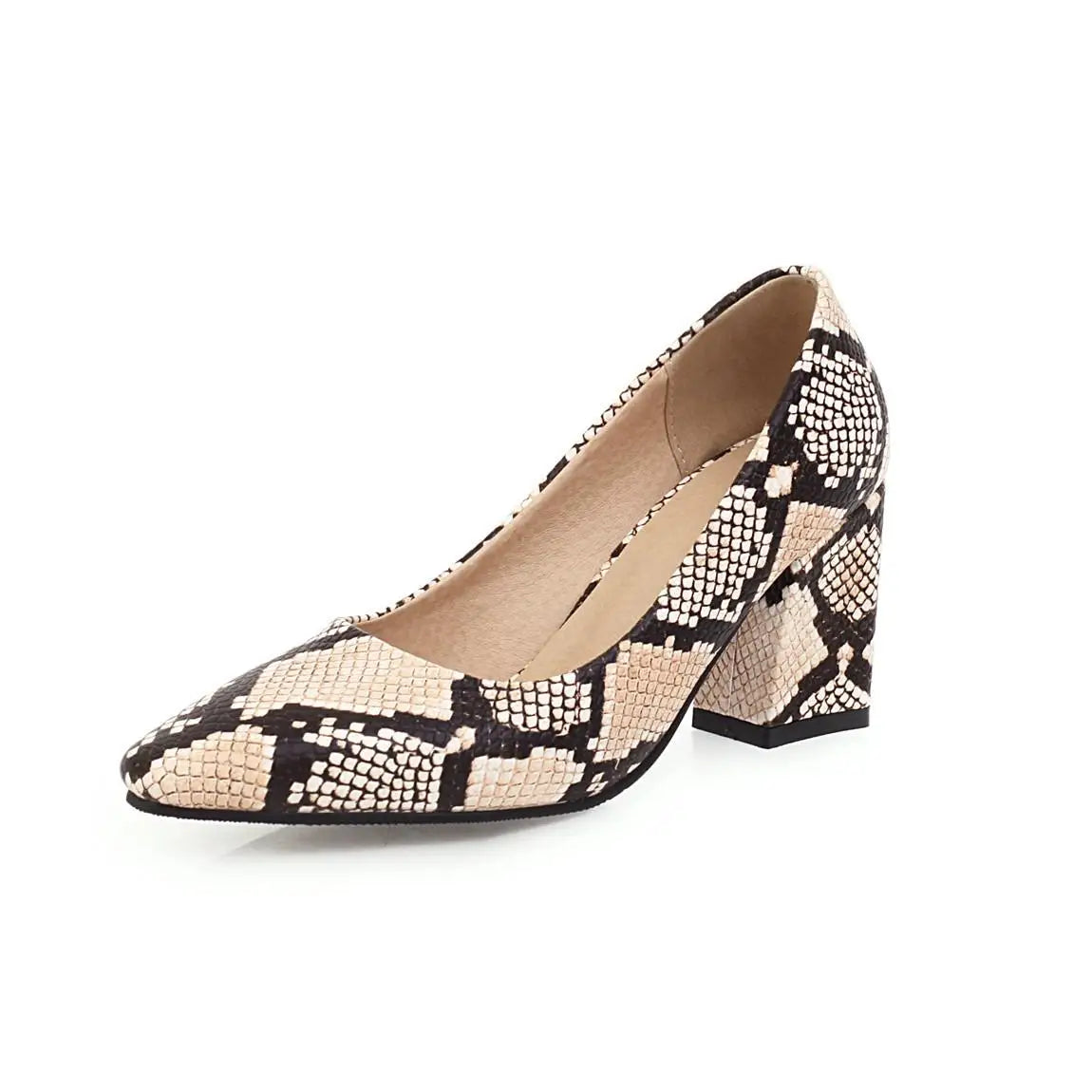 aichashi  -  Spring New Snake Skin Print Sexy High Heels Women Pumps Square Toe Concise Block High Heel Shoes Height 7.5cm Plus Size 45