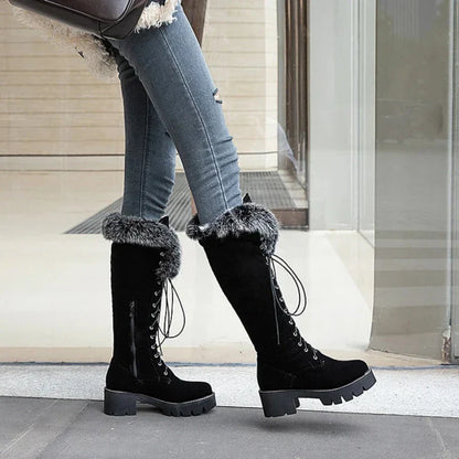 Aichashi Lace-up Winter Shoes Women Snow Boots Real Fur Boots Women Knee High Suede Thick Heel Warm Outdoor With Zip Big Size 43