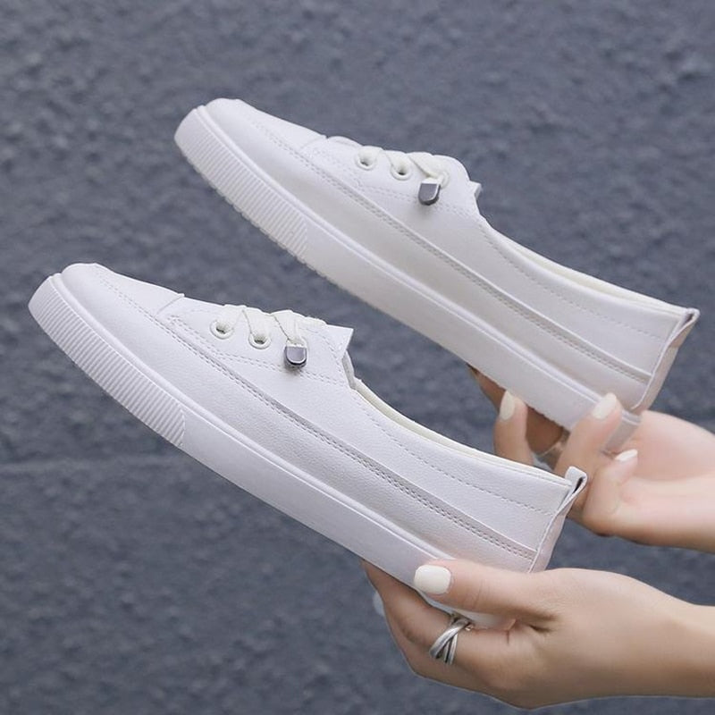 Aichashi Low Platform Sneakers Women Shoes Female Pu Leather Walking Sneakers Loafers White Flat Slip On Vulcanize Casual Shoes