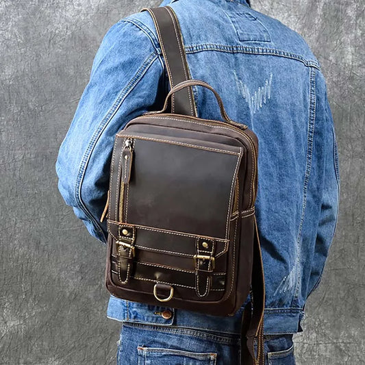 Aichashi Crazy Horse Leather Mens Chest Bag Single Shoulder Backpack 2 Use Vintage Cow Leather Male Travel Backpack Daypack Brown