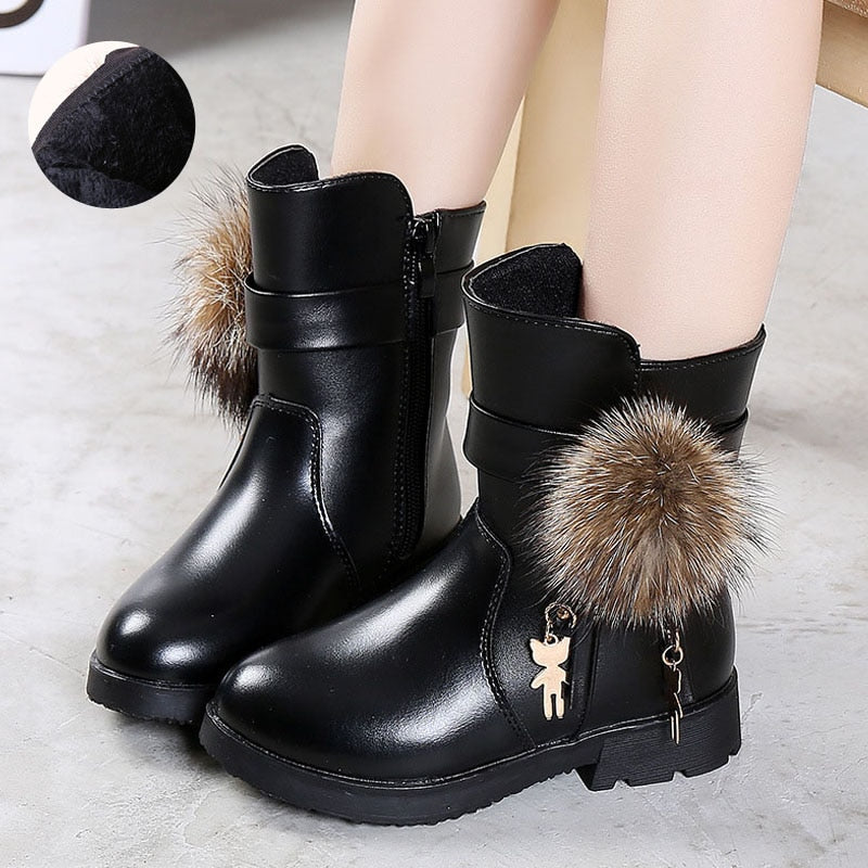 Aichashi New Winter Girls Boots Real Fur Ball PU Leather Kids Snow Boots Warm Plush Sneakers Children Shoes