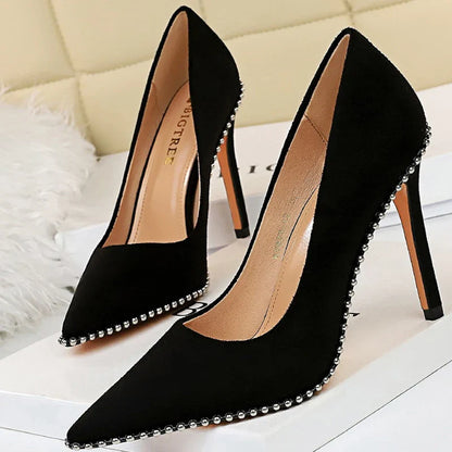 aichashi  -  Shoes Black Heels Metal Beads Woman Pumps Suede High Heels Stiletto Wedding Shoes Women Heels Female Plus Size 41 42 43