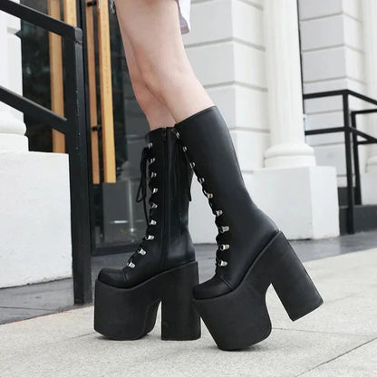 Aichashi Large Size 43 Thick Platform Extreme High Heels Cool Motorcycles Boots Punk Style Shoelaces Knee High Boots Winter