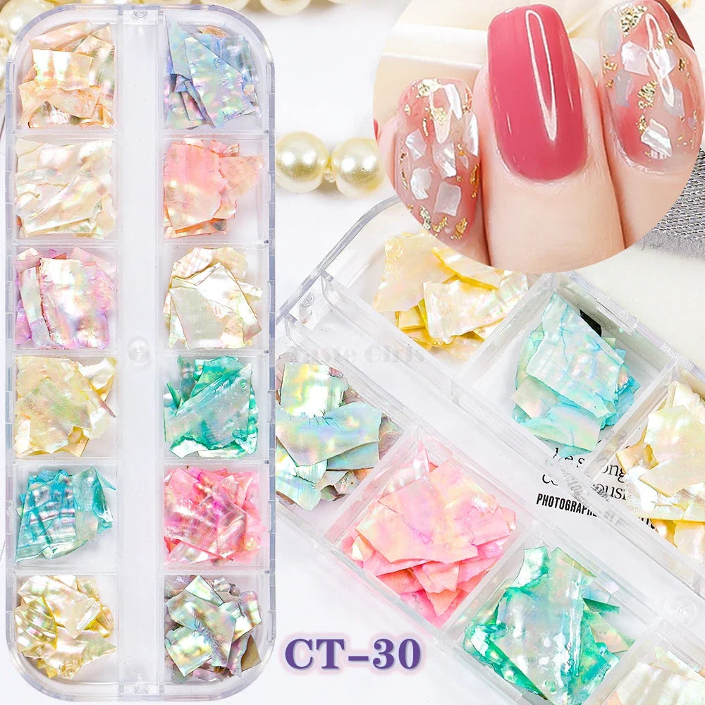 12 Grids/Set Irregular Color-changing Abalone Slice Natural Sea Shell Stone Fragment Nail Art Paillette Decoration DIY Manicure