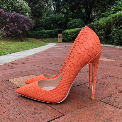 aichashi  -  Sexy Orange Croc-Effect Women Pointy Toe High Heels 12/10/8cm Slip On Stilettos Pumps Ladies Party Dress Shoes 34-45