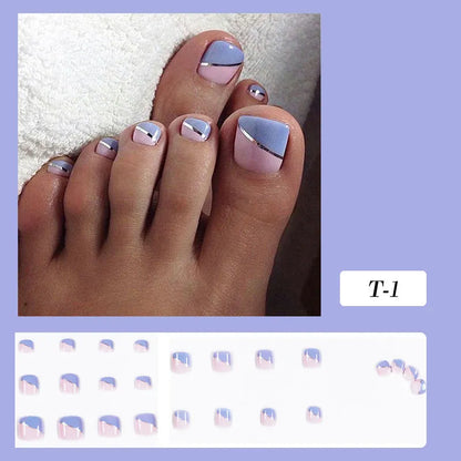 Aichashi False Toe Nails Summer Simple Wearable Fake Toenails Set Press On Nail French Removable Nail Stickers With Glue For Girls 24pcs