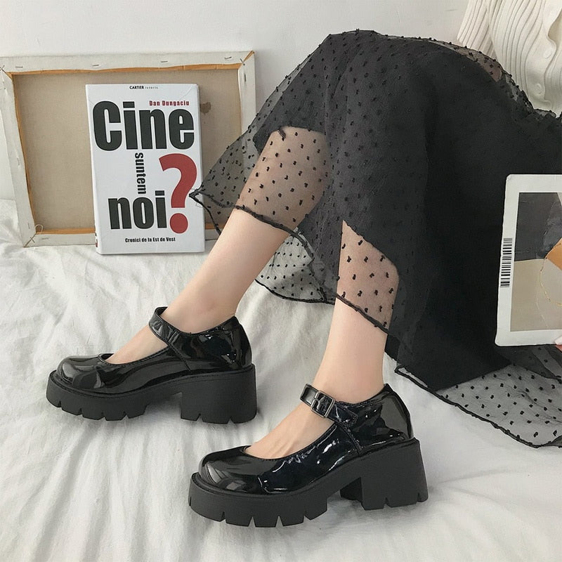 Aichashi New Student Shoes College Girl Student LOLITA Shoes JK Uniform Shoes PU Leather Heart-shaped Ankle-strap Mary Jane Shoes