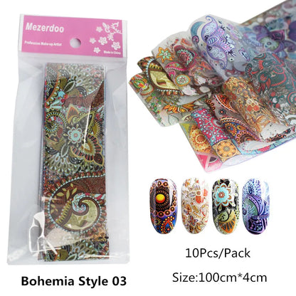 Aichashi 10Pcs 4*100cm Paisley Colorful Nail Foils Bohemia Nail Art Transfer Sticker Decal Mandala Slider Decals DIY Nail Tips Decoration