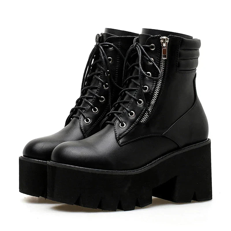 Aichashi Autumn Ankle Boots For Women Motorcycle Boots Chunky Heels Casual Lacing Round Toe Platform Boots Shoes Female