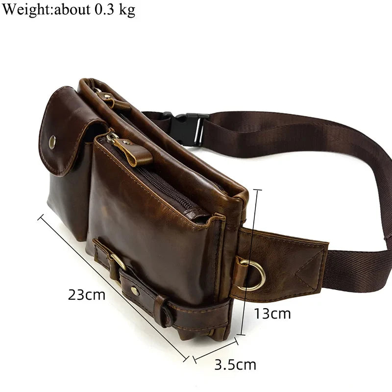 Aichashi Casual Genuine Leather Man Waist Pack Fanny Pack Belt Bag Phone Pouch Sporty Small Crossbody Bag Travel Chest Pack for Biker