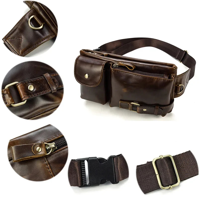 Aichashi Casual Genuine Leather Man Waist Pack Fanny Pack Belt Bag Phone Pouch Sporty Small Crossbody Bag Travel Chest Pack for Biker