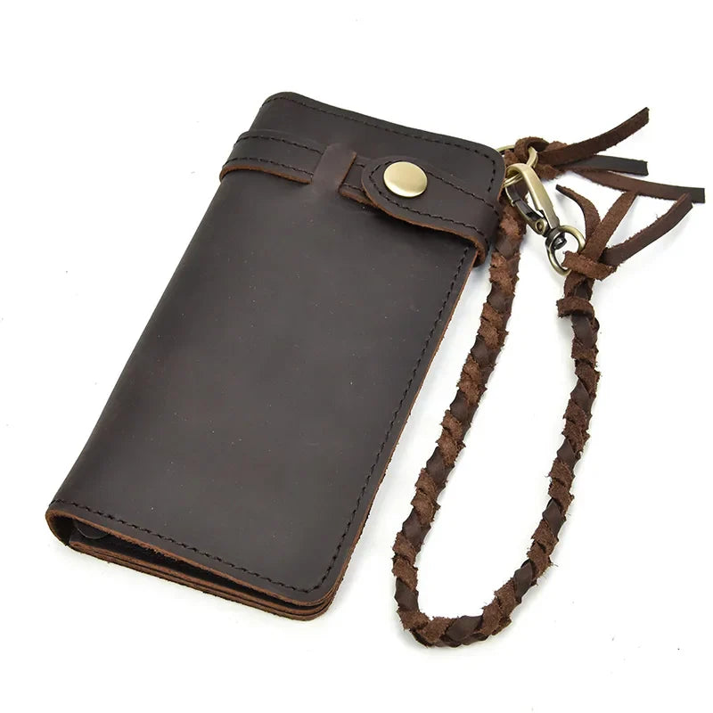 aichashi Vintage Hasp Open Genuine Cow Leather Men Wallet Large Capacity Crazy Horse Real Leather Man Bifold Purse Clutch Wallet chain