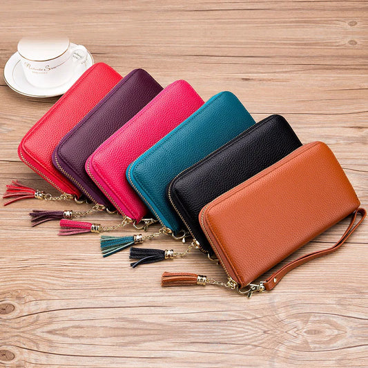 Aichashi Genuine Leather Women Solid Long Wallets Ladies Tassel Design Clutch Female Phone Money Bag Coin Zipper Purse Rfid Card Holder