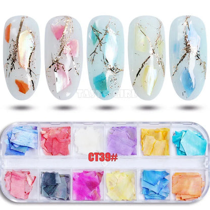 12 Grids/Set Irregular Color-changing Abalone Slice Natural Sea Shell Stone Fragment Nail Art Paillette Decoration DIY Manicure