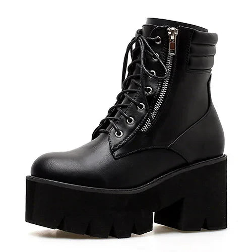 Aichashi Autumn Ankle Boots For Women Motorcycle Boots Chunky Heels Casual Lacing Round Toe Platform Boots Shoes Female