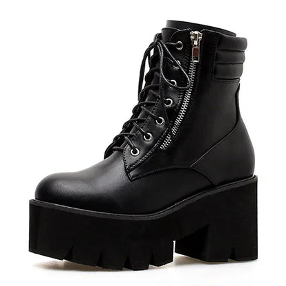 Aichashi Autumn Ankle Boots For Women Motorcycle Boots Chunky Heels Casual Lacing Round Toe Platform Boots Shoes Female