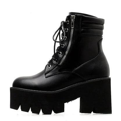 Aichashi Autumn Ankle Boots For Women Motorcycle Boots Chunky Heels Casual Lacing Round Toe Platform Boots Shoes Female