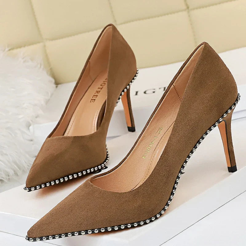 aichashi  -  Shoes Black Heels Metal Beads Woman Pumps Suede High Heels Stiletto Wedding Shoes Women Heels Female Plus Size 41 42 43