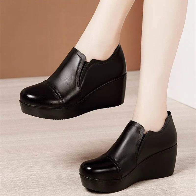 Aichashi High Heel Women Shoes  Women Leather Casual Shoes Breathable Fashion Waterproof Wedges Platform Shoes Women