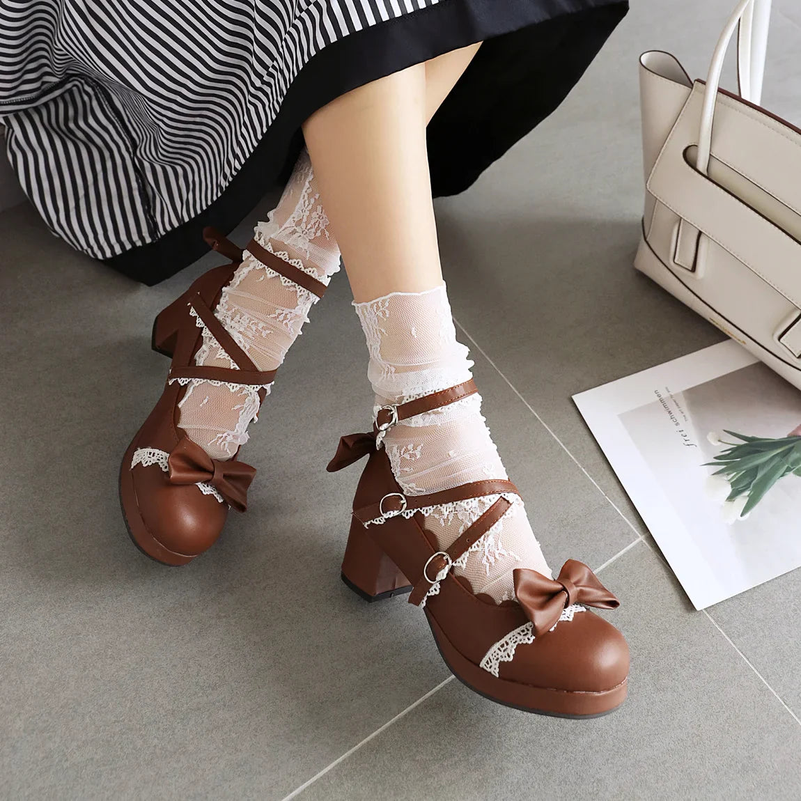 aichashi  -  High-heeled Cute Bow Tie Sweet Lolita Girls Love Solid Round Princess Shoes More Softer Pumps Ladies Platform Heels