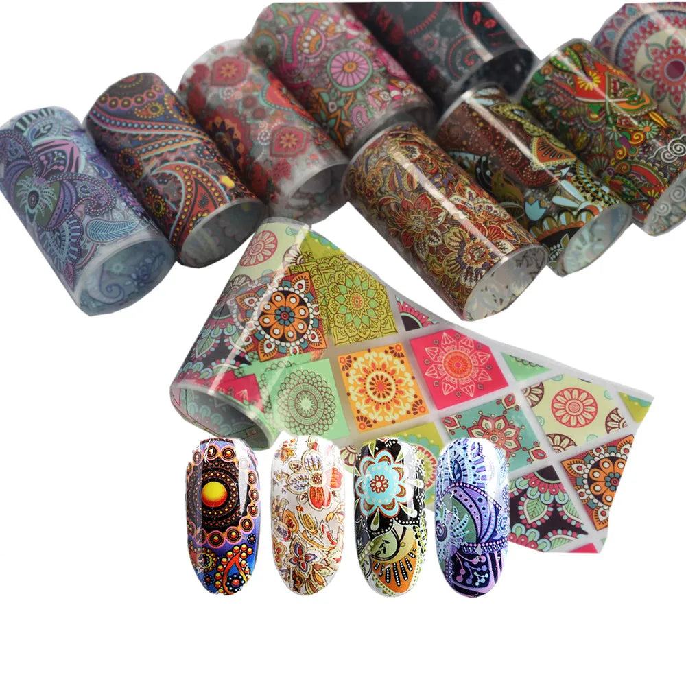 Aichashi 10Pcs 4*100cm Paisley Colorful Nail Foils Bohemia Nail Art Transfer Sticker Decal Mandala Slider Decals DIY Nail Tips Decoration