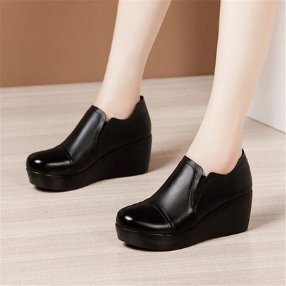 Aichashi High Heel Women Shoes  Women Leather Casual Shoes Breathable Fashion Waterproof Wedges Platform Shoes Women