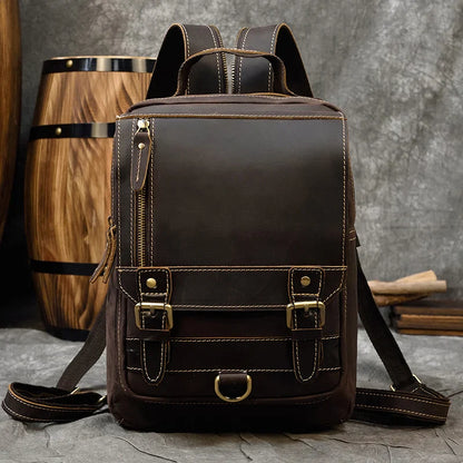 Aichashi Crazy Horse Leather Mens Chest Bag Single Shoulder Backpack 2 Use Vintage Cow Leather Male Travel Backpack Daypack Brown