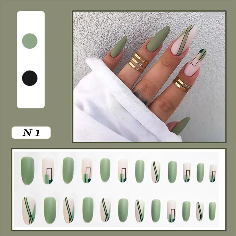 24pcs false nails matte Green Nails Patch with glue Removable Long Paragraph Fashion Manicure press on Nail tips